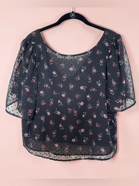 LOFT Black Floral Sheer Blouse with Flutter Sleeves